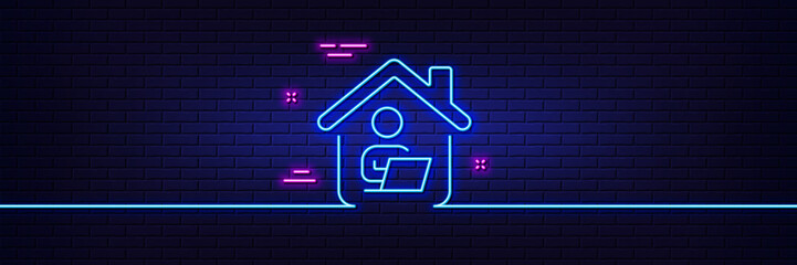 Neon light glow effect. Work at home line icon. Outsource job sign. Remote office employee symbol. 3d line neon glow icon. Brick wall banner. Work home outline. Vector