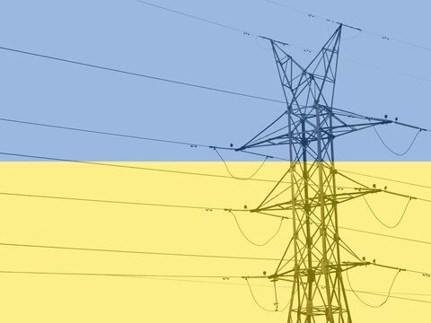 High voltage post or High voltage tower with ukrainian flag - Powered by Adobe