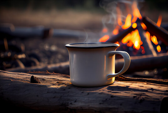 White enamel cup of hot steaming coffee on an old log by an outdoor campfire. Selective focus on mug with blurred background. image created with Generative AI technology.