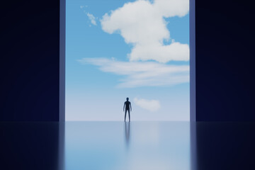 Opening doors to new possibilities. 3D Rendering Concept of mindfulness. A man standing near open gate to the sky landscape