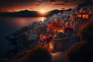 Sunset over the resort islands, neon light, city on the mountains. AI - obrazy, fototapety, plakaty