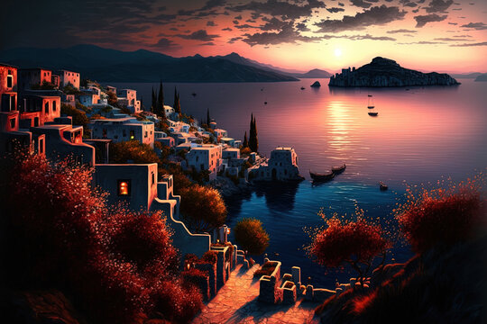 Sunset over the resort islands, neon light, city on the mountains. AI