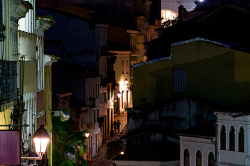 Fototapeta na wymiar Streets and houses of the historic district of Pelourinho at night in the city of Salvador in Bahia