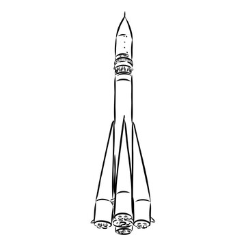 Hand drawn illustration of a geometric space shuttle. Design in dot art style with engraved elements. Sketch isolated on vintage background. Space rocket launch. Concept for start up, release etc.