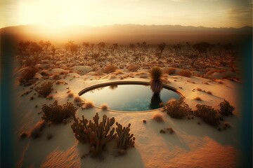 Swimming pool in the desert, beautiful sunset, reflection in the water. AI