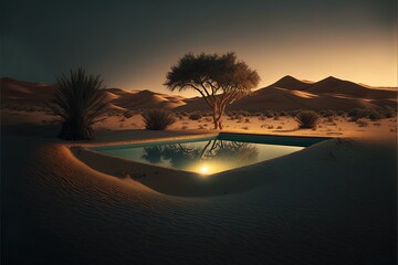 Fototapeta na wymiar Swimming pool in the desert, beautiful sunset, reflection in the water. AI