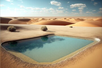 Swimming pool in the desert, beautiful sunset, reflection in the water. AI - obrazy, fototapety, plakaty