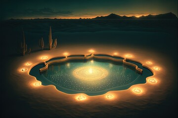 Swimming pool in the desert, beautiful sunset, reflection in the water. AI