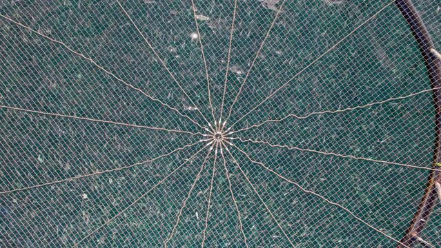 Aerial drone video of a large saltwater fish farm such as sea bass and sea bream in growing cages in calm deep waters