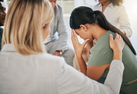 Naklejka Grief, loss and woman at community support group for mental health, counseling or help. Solidarity, trust and group of people in circle comforting, helping and supporting lady with bad news together.