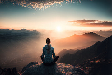 Silhouette of a girl in the mountains, doing yoga in nature high up, beautiful sunset, fantasy landscape. AI