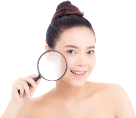 Portrait of beautiful asian woman with clean fresh face, girl magnifying skincare cheek and smile attractive, face of beauty perfect with wellness with skin healthcare concept.