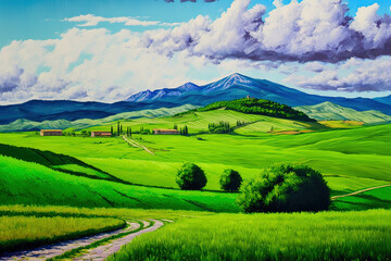 Fototapeta premium Landscape oil painting art. rural mountainous area a vibrantly green rural field of grass. It's summertime. Generative AI