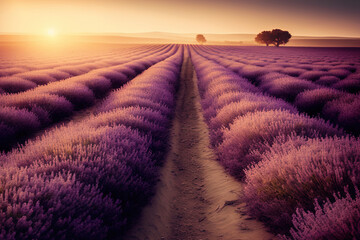 Fototapeta na wymiar Lavender landscape with beautiful sunset. AI