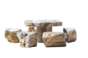 Set of table and chairs made from stone isolated on white background included clipping path.