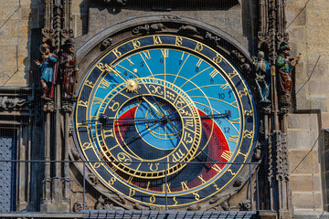 Fototapeta na wymiar The medieval astronomical clock (Prague Orloj) Attached to the Old Town Hall, The third-oldest astronomical clock in the world and the oldest one still operating, Prague capital of the Czech Republic.