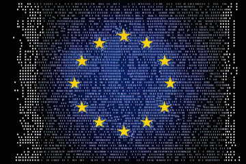 data protection, binary code with european union flag. Generative AI