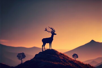 a silhouette of a deer standing on a hill at sunset with mountains in the background and a single tree on the hill with no leaves on the top of the hill, with the sun.