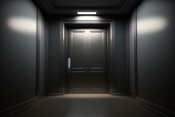 Dark corridor with metal elevator doors, neon lighting. AI