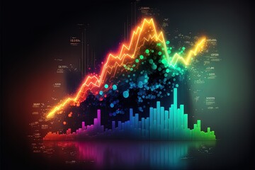 Business economic charts with light effects, neon. Abstract neon background, growth and fall analytics. AI - obrazy, fototapety, plakaty