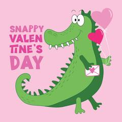 Snappy Valentine's Day - funny alligator with balloons. Good for greeting card, poster, t shirt print, label, mug and other gifts design.
