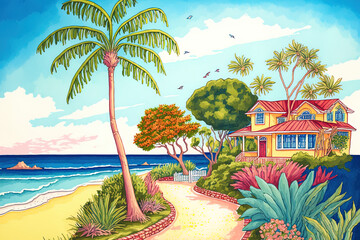 Obraz na płótnie Canvas a home by the sea painted in hand drawn gouache. For example, a landscape painting may have a beach, a home, a coconut tree, a palm tree, a fence, tropical plants, vibrant flowers, the sea, a roadway