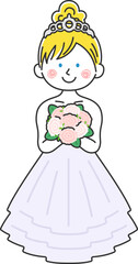 ウエディングドレスを着た、髪を束ねた、白人女性のイラスト