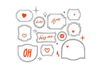 Hand drawn vector abstract graphic illustration Valentines day design concept set of hearts silhouettes in vintage frames on the wall.Valentines beautiful design concept.Valentines hearts line icons.