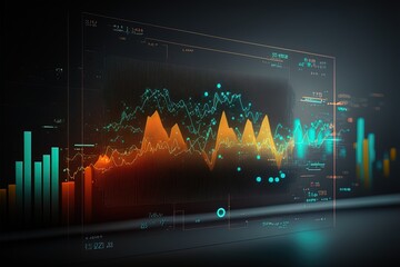Business economic charts with light effects, neon. Abstract neon background, growth and fall analytics. AI - obrazy, fototapety, plakaty