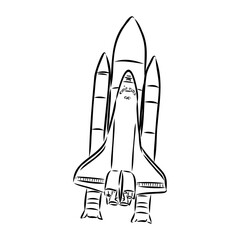 Hand drawn illustration of a geometric space shuttle. Design in dot art style with engraved elements. Sketch isolated on vintage background. Space rocket launch. Concept for start up, release etc.