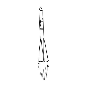 Hand drawn illustration of a geometric space shuttle. Design in dot art style with engraved elements. Sketch isolated on vintage background. Space rocket launch. Concept for start up, release etc.