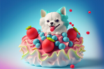 Fototapeta na wymiar 3D joyful fluffy dog with vibrant cupcake topped with cherry, set against blue with playful bubbles. Ideal for celebration, party themes, and whimsical designs. generative ai