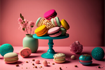ピンクの背景にマカロン Generative AI