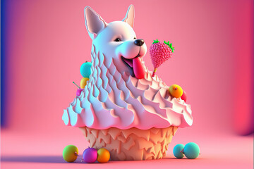 3D joyful fluffy dog with vibrant cupcake topped with cherry, set against blue with playful bubbles. Ideal for celebration, party themes, and whimsical designs.