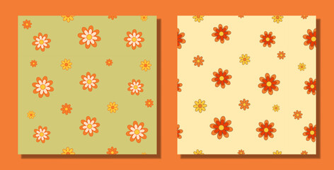 Set of abstract seamless patterns with vintage groovy flowers. Retro, Seventies style, flat design, Hippie Aesthetic.