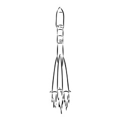 Hand drawn illustration of a geometric space shuttle. Design in dot art style with engraved elements. Sketch isolated on vintage background. Space rocket launch. Concept for start up, release etc.