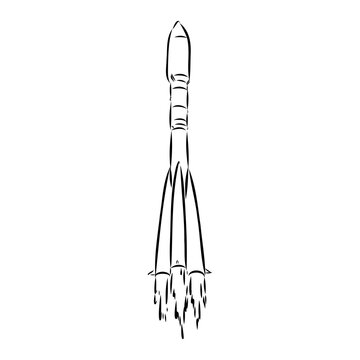 Hand drawn illustration of a geometric space shuttle. Design in dot art style with engraved elements. Sketch isolated on vintage background. Space rocket launch. Concept for start up, release etc.