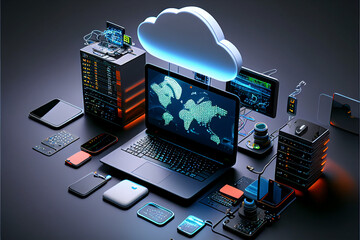 Cloud technology concept. Data center concept. Modern cloud technologies. Neon colors, cyber space, isometric illustration network with computer, laptop, tablet and smartphone. For web. Generative AI