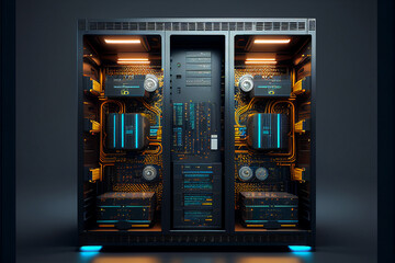 Computer in the data center. Cloud computing service on a large server farm. Cyber ​​security at night, neon illumination, cyber space, data storage, new technologies. Generative AI