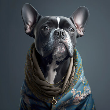 A cute puppy fashion dog. Pet portrait in clothing