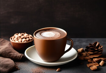 cup of hot chocolate coffee with cocoa, sugar powder and winter spices on cozy wooden background