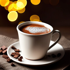 Fototapeta premium cup of hot chocolate coffee with cocoa, sugar powder and winter spices on cozy wooden background