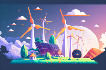SDG's, 風力発電と太陽光パネルのエネルギー関連のイラスト Generative AI
