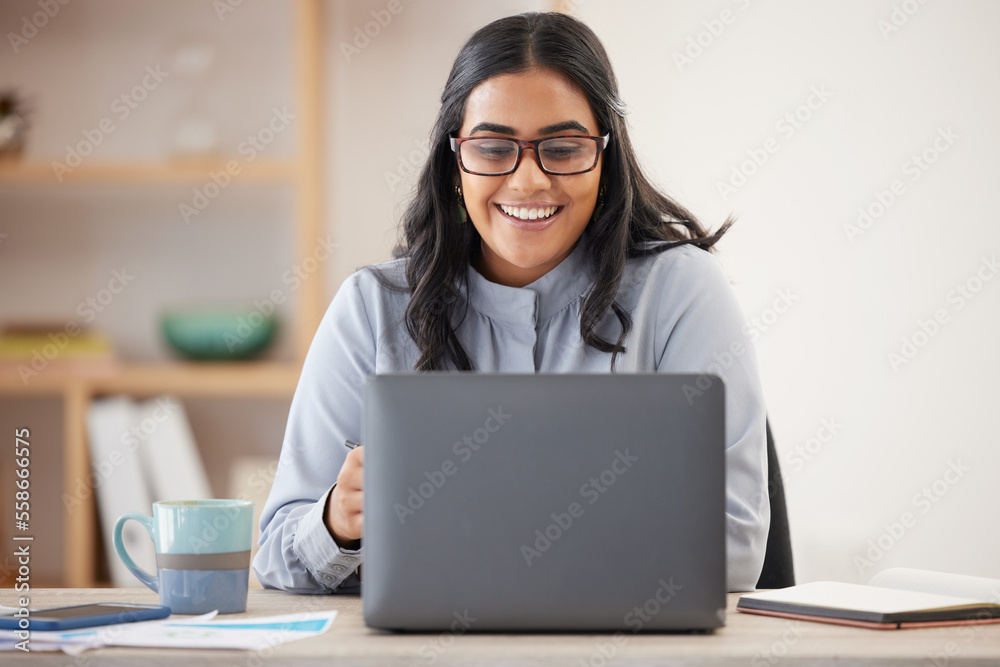 Fototapete Email, research and business woman with a laptop for a website, internet networking and reading information. Planning, corporate connection and worker with a smile for online feedback on a computer
