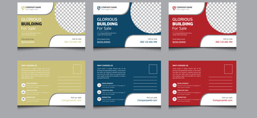 Elegant clean creative company corporate modern professional abstract business construction agent real estate postcard design template colorful variations.