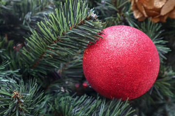 beautiful christmas decoration red ball on a tree wallpaper background