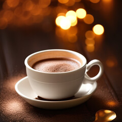 cup of hot chocolate coffee with cocoa, sugar powder and winter spices on cozy wooden background