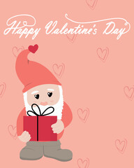 Valentine's day gnome with gift. Valentine card. Vector vertical illustration