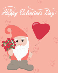 Valentine's day gnome with bouquet. Valentine card. Vector vertical illustration