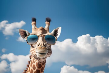 Funny Giraffe With Sunglasses Coming Out Bottom Of Image In Sky Clouds Generative AI - obrazy, fototapety, plakaty